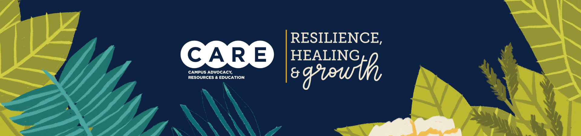 A welcome banner that contains the CARE logo along with the phrase "resilience, healing, & growth"